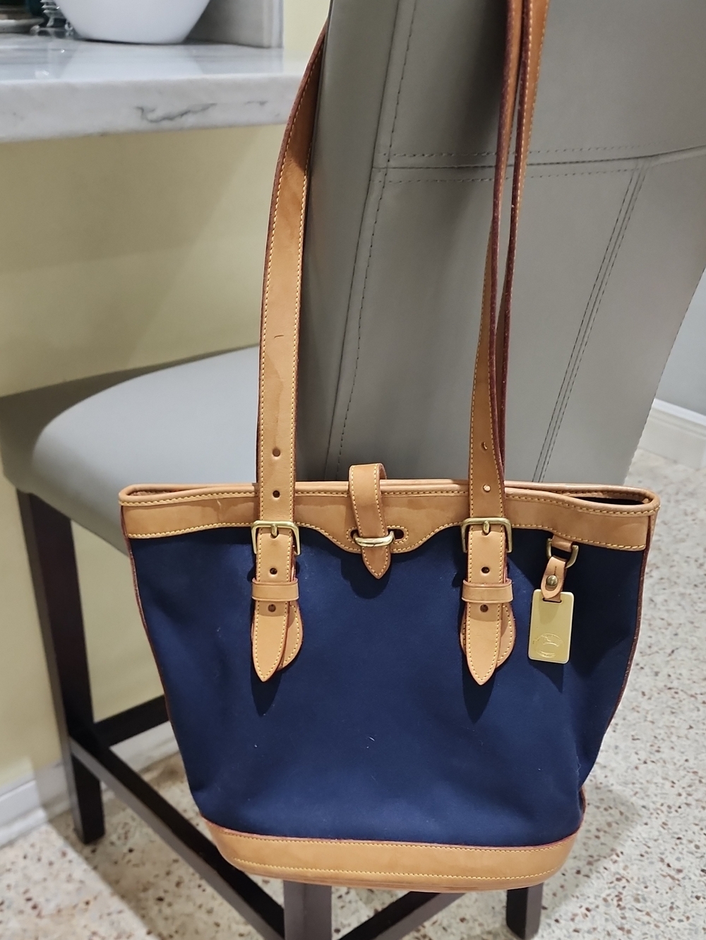 Leather-Trim Navy Tote Bag with Buckle Straps - Dooney & Bourke